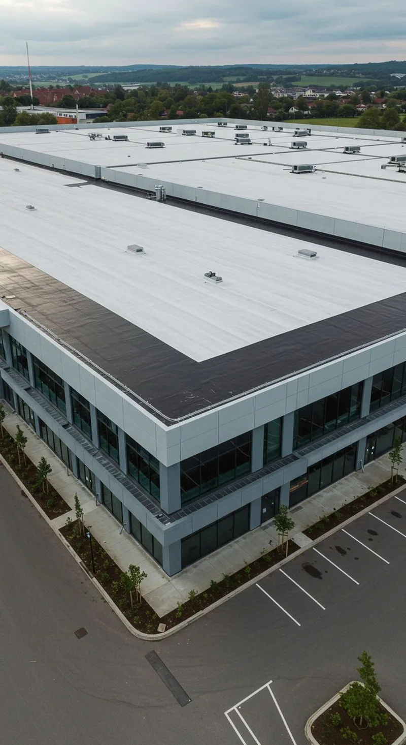 Aerial view of a large industrial flat roof with rooflights and profiled metal sheeting, Birmingham area