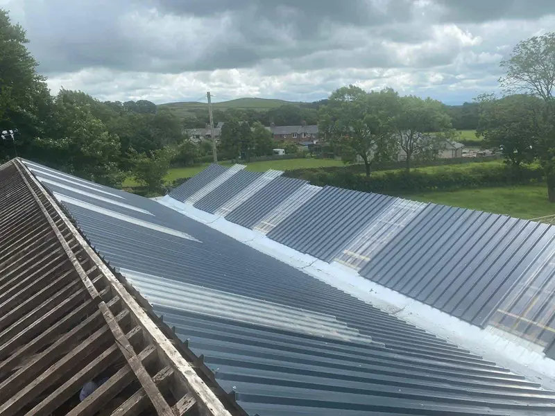 New grey profiled roof sheets and translucent rooflights on a twin-span roof, with the next bay's purlins still exposed
